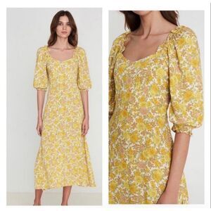 Faithfull the Brand Midi Dress Juniper Puff short Sleeve Yellow floral sz 6 Long